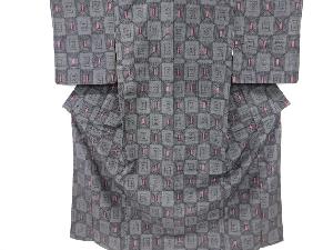 アンティーク　幾何学模様織り出し十日町紬着物